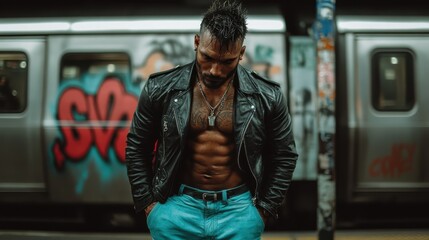 A muscular man in a black leather jacket and blue jeans poses confidently in front of a graffiti-marked subway train, showcasing urban toughness and style.