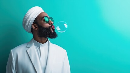 A bearded man in sunglasses and a white suit blows a bubble while posing stylishly against a teal backdrop, exuding cool confidence and modern charm.