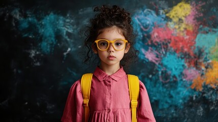 A serious young girl wearing yellow glasses and a pink dress poses in front of a dynamic chalkboard, embodying intelligence and creativity in youth.