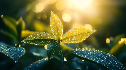 Wall Mural - A zoom in of a plant with morning dew on its leaves and the sun filtering through the foliage behind it