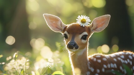 Wall Mural - a youthful stag wearing a flower crown amidst towering blades of grass and gazing towards the lens