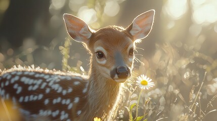 Wall Mural - a deer grazes near a vibrant flower against a blurred backdrop of tall grasses