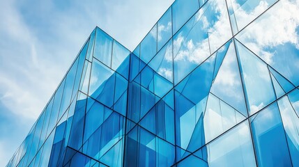 Wall Mural - A close-up of modern glass panels, reflecting the sky and nearby buildings, creating geometric patterns on the exterior