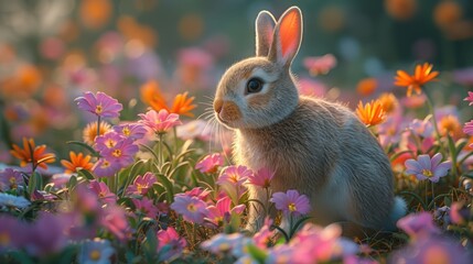 Wonderous  bunny amidst vibrant flowers in an enchanting forest, a whimsical scene filled with magical colors and dreamlike elements, evoking joy and imagination.