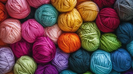 Wall Mural - A colorful bunch of yarn balls, seen from above. All the colors of the rainbow are there. It's yarn for knitting, in different skeins.