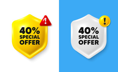 Wall Mural - 40 percent discount offer tag. Shield 3d banner with text box. Sale price promo sign. Special offer symbol. Discount chat protect message. Shield speech bubble banner. Danger alert icon. Vector