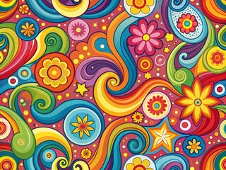 Aufkleber - Vibrant 70s Groovy Background with Colorful Swirls and Retro Patterns for Creative Projects and Design