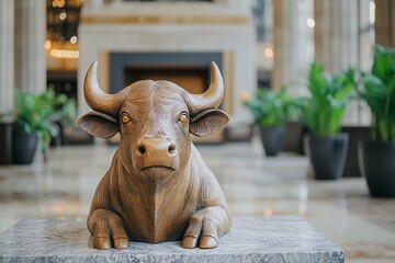 Wooden Bull Statue in Interior Setting.