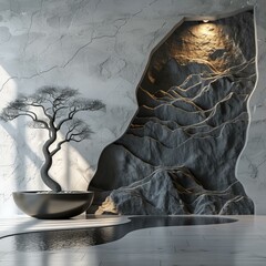 Wall Mural - Modern Zen Interior Design Illustration with Mountain Wall