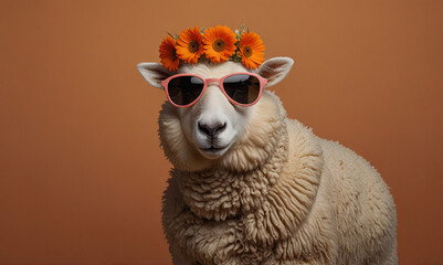 Playful Sheep Wearing Sunglasses and Flower Crown Against a Warm Background