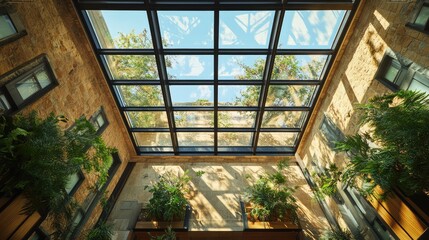 Wall Mural - A modern glass skylight with metal framing, casting dynamic light patterns onto the floor of an open atrium