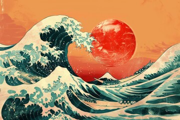 Wall Mural - a painting of a large red sun in the sky over a body of water, generative ai