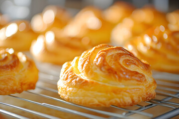 Freshly baked pastries cooling on a rack