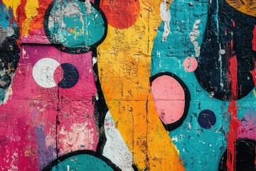 A colorful graffiti wall with abstract shapes and textures.