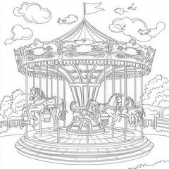 A magical carousel with animals instead of horses, coloring page for kids, simple outline illustration. Coloring book, simple lines.