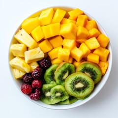 Poster - A vibrant bowl filled with colorful fruits. Discover the freshness of mangoes, kiwis, pineapples, and berries. Perfect for healthy meals and snacks. Bright and inviting. AI