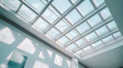 Wall Mural - An architectural detail of a glass ceiling in a modern gallery space, with soft light filtering through to illuminate the art below