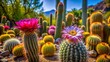 © Man888 - Vibrant Blooming Cactus Surrounded by Lush Greenery in a Sunny Desert Environment