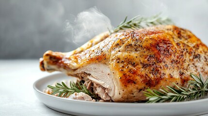 Wall Mural -   Close-up of juicy meat on a plate adorned with fragrant rosemary