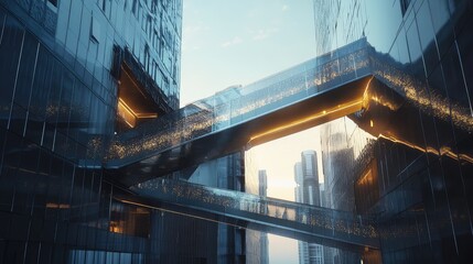 Wall Mural - Detailed shot of a glass bridge connecting two buildings, with intricate steel and glass design elements illuminated by natural light