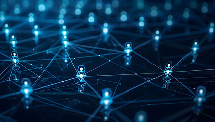 Poster - Abstract background with glowing connections and people icons on a dark blue digital network, a social media technology concept.