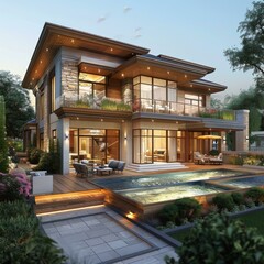 Canvas Print - Modern Luxurious House Exterior Design with Pool and Patio