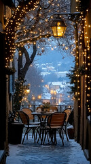 Wall Mural - beautiful terrace scene showcasing a table set for a Christmas meal under twinkling lights, adorned with seasonal decorations and a stunning view of a snowy landscape, smartphone wallpaper