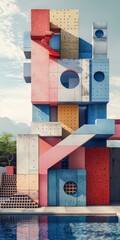 Wall Mural - Colorful 3D geometric shapes stacked together to form a tower