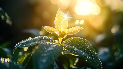 Wall Mural - A zoom in of a plant with morning dew on its leaves and the sun filtering through the foliage behind it