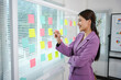 © amnaj - Young businesswoman is writing on adhesive notes on glass wall to share idea and plan for new business project in the office
