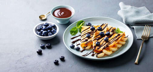 Wall Mural - Crepes, thin pancakes with chocolate sauce and fresh blueberries. Grey background. Close up.
