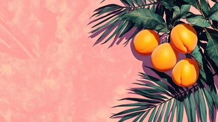 Wall Mural - Summer Vibes Minimalist Graphic Poster with Apricot Fruit and Palm Leaves on Pink Background