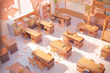 Poster - An empty classroom with desks, chairs, bookshelves, and autumn leaves on the floor.