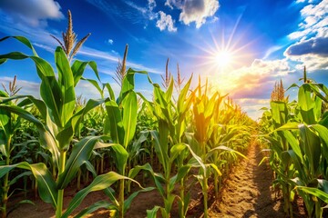 Vibrant maize corn field under clear blue sky showcasing healthy crops and rich harvests for agriculture and food