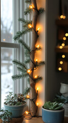 Sticker - twinkling fairy lights wrapped around a pine tree branch, creating a magical ambiance