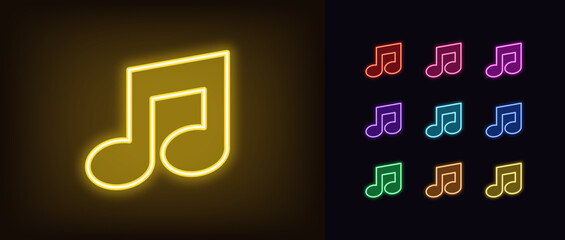 Poster - Outline neon musical note icon set. Glowing neon music note shape, outline golden silhouette. Melody sound, music festival, audio podcast record, musical game show, karaoke, disco party. Vector icons