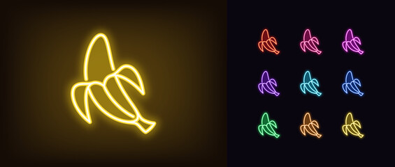 Poster - Outline neon banana icon set. Glowing neon banana fruit with opened peel, outline silhouette. Ripe tropical fruit, banana garden, organic food, fruit diet, summer vitamins, health food. Vector icons