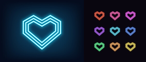 Poster - Outline neon geometric heart, icon set. Glowing neon angular heart with concentric outline silhouette. Digital love, romantic symbol, retro heart sign, geometric angular shape, amour. Vector icons