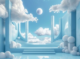 Canvas Print - Blue and white surreal podium with clouds and a moon