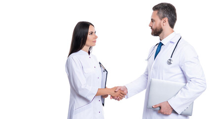 Wall Mural - Handshake, agreement on patient health. hospital teamwork collaboration. successful treatment. doctor handshake with nurse. two doctor shaking hands isolated on white. copy space