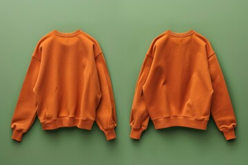 Two orange sweatshirts on a green background