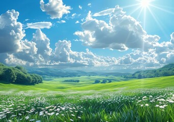 Springtime Meadow with Sunny Sky