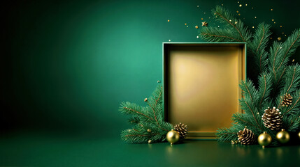 Poster - Empty Golden Frame with Green Pine Branches, Pinecones, and Golden Ornaments on Green Background. Winter Christmas, Advent still life.