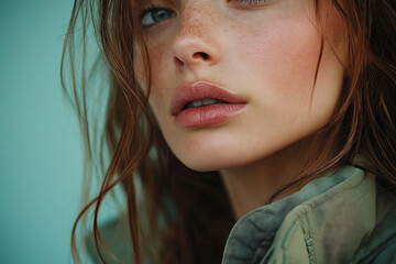 A close-up of a model's expressive face featuring natural beauty in a serene outdoor setting, capturing a moment of contemplation