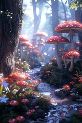 Wall Mural - Red mushrooms in a mystical forest with a small river flowing through it