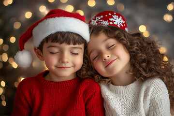 Photo portrait of siblings little boy and girl together eyes closed dreaming about gifts, boy and girl smiling, red wool sweater, white sweater, curly hair, festive Christmas background