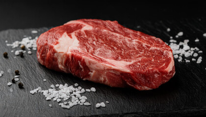 Wall Mural - Raw marbled beef steaks on black background. Fresh organic meat. Cooking and culinary concept