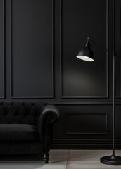 Stylish black interior with a chesterfield sofa and a floor lamp. Elegant home decor