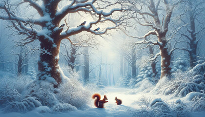 Canvas Print - magical winter forest with big snow-covered branchy trees and squirrels in the snow