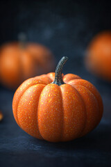 Wall Mural - Ripe pumpkin on a dark background. Thanksgiving day or Halloween concept. Beautiful holiday autumn vertical background with copy space 